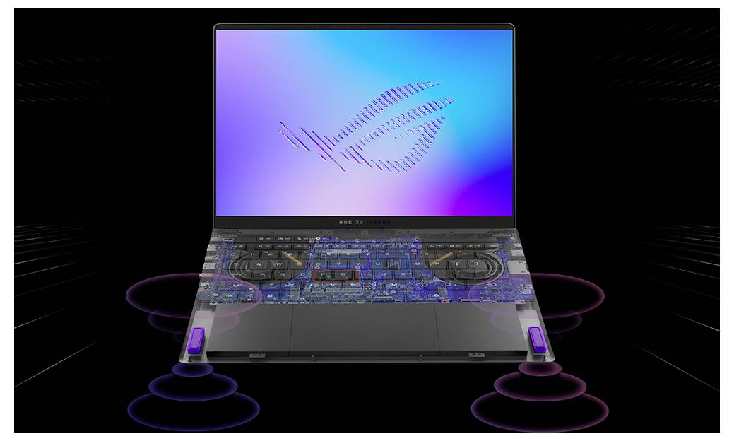 Laptop mit transparentem Gehäuseunterteil und sichtbaren internen Komponenten, mit leuchtender ROG-Logo auf dem Bildschirm und violett-blauen Beleuchtungseffekten.