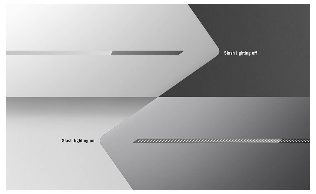 Vergleichsgrafik, die ein Schrägstrich-Licht zeigt, das aus- und eingeschaltet wird, wobei der Schrägstrich gegen dunkle und helle Hintergründe schwächer oder heller erscheint.