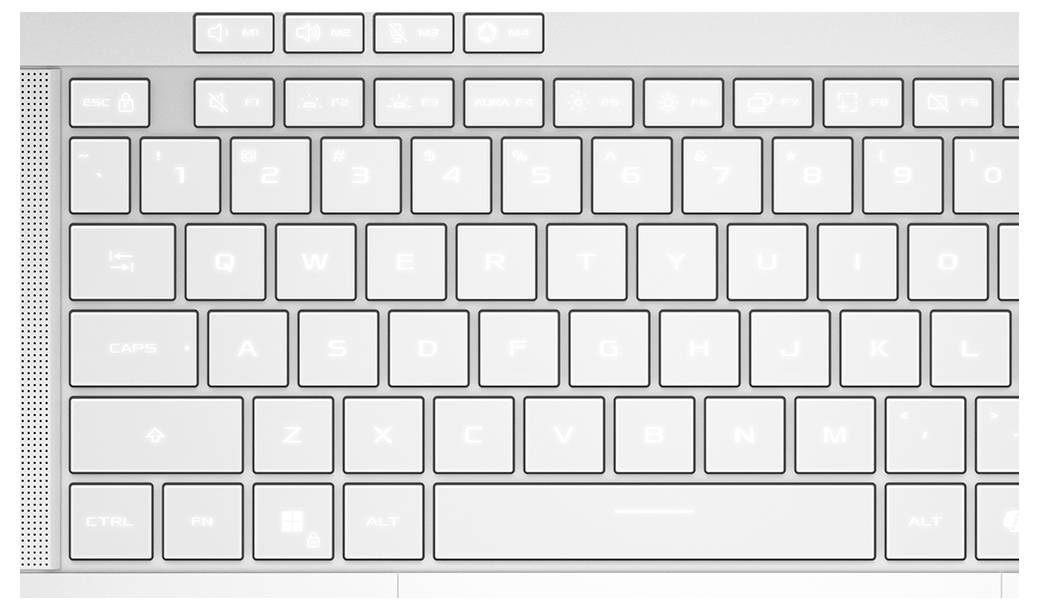 Nahaufnahme einer silbernen Laptop-Tastatur mit weißen Tasten und einem Lautsprechergitter auf der linken Seite.