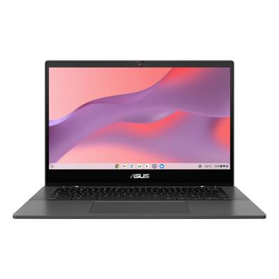 Vorderansicht eines ASUS-Laptops mit eingeschaltetem Bildschirm, das ein rosa-violettes abstraktes Hintergrundbild und eine untere Taskleiste zeigt.