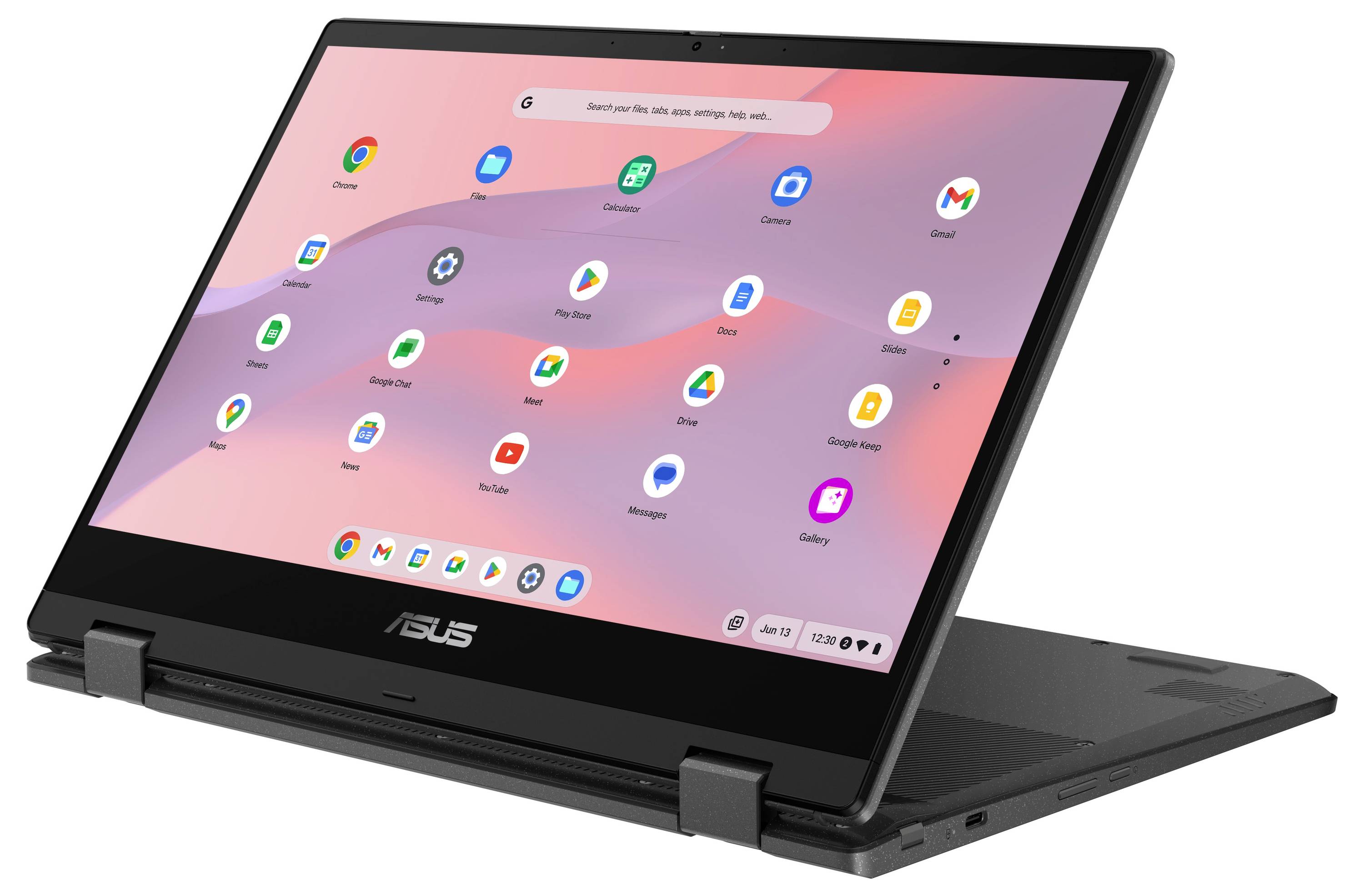 Ein ASUS 2-in-1-Laptop im Zeltmodus, das den Chrome OS App-Launcher auf einem rosa Hintergrundbild zeigt.