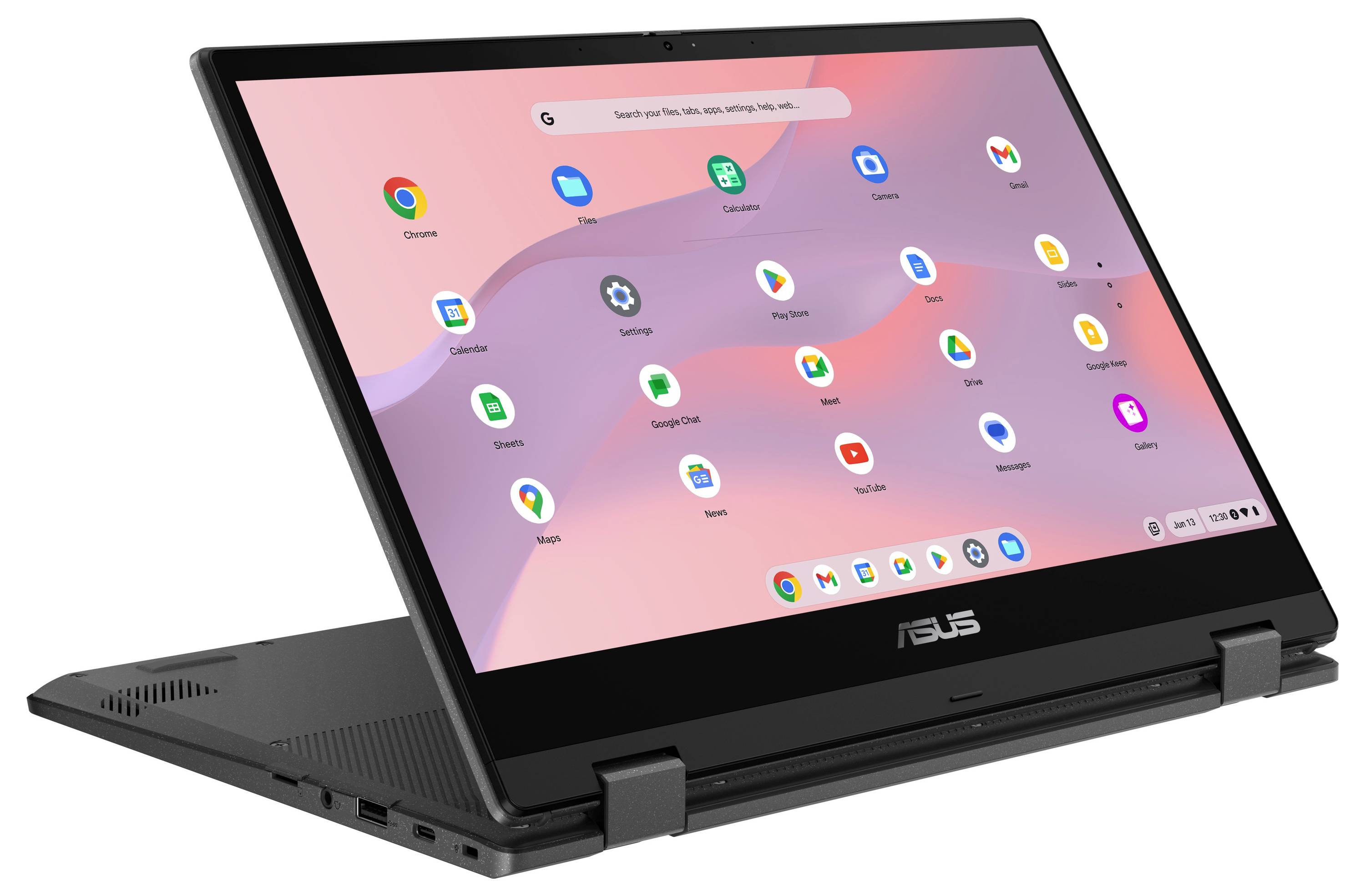 Konvertibles ASUS-Laptop im Zeltmodus mit Chrome OS-Startbildschirm und App-Symbolen, die auf dem Touchscreen angezeigt werden.