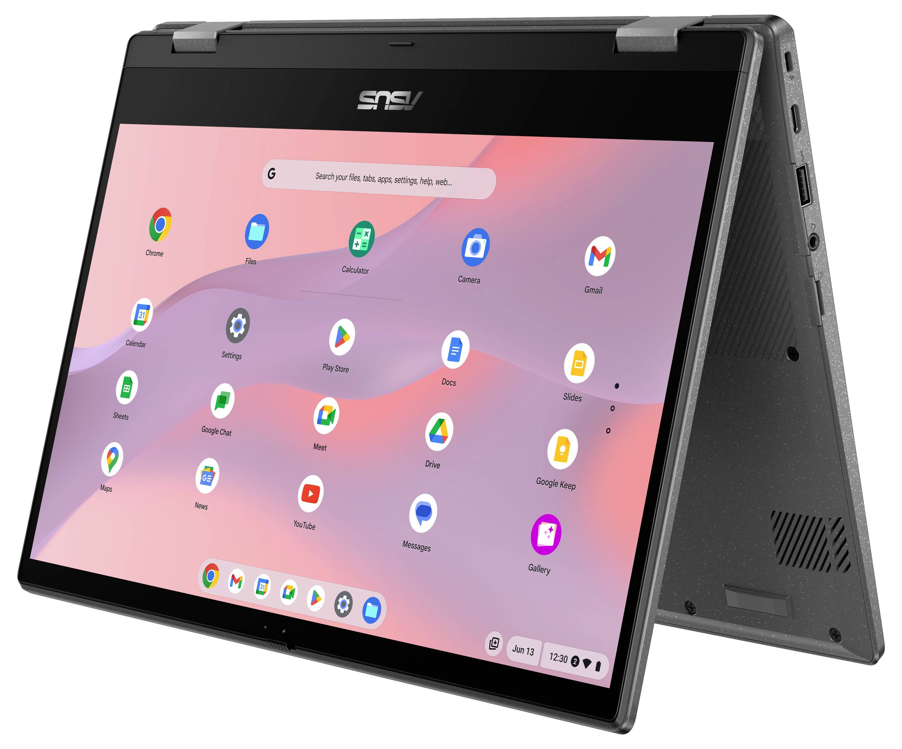 ASUS Convertible-Laptop im Zeltmodus mit ChromeOS-Startbildschirm mit App-Symbolen auf rosa Hintergrund