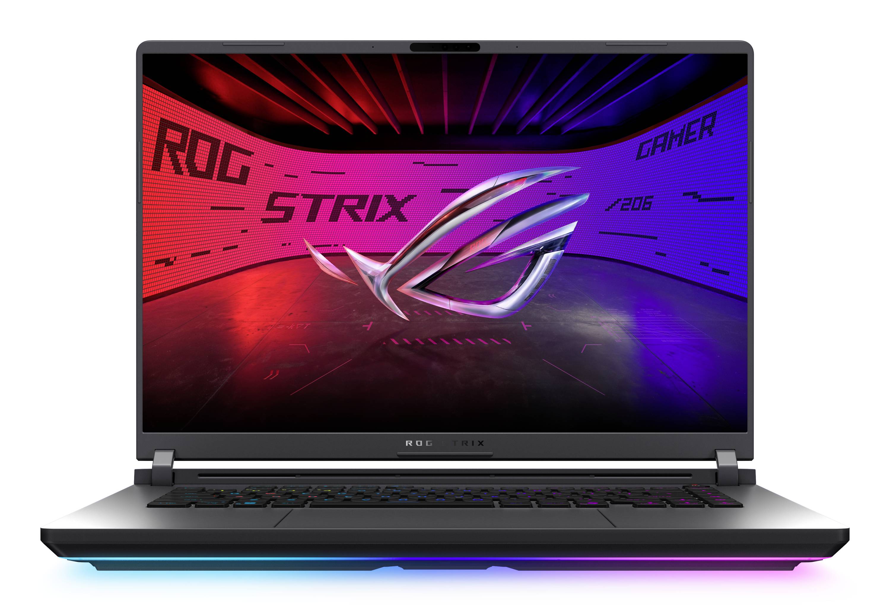 Gaming-Laptop mit ROG Strix-Branding auf dem Bildschirm, das einen roten bis blauen Neon-Gaming-Hintergrund und RGB-Beleuchtung auf der Tastatur und Unterseite zeigt.