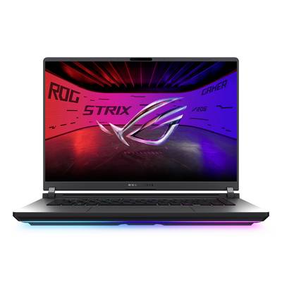 Gaming-Laptop mit ROG Strix-Branding auf dem Bildschirm, das einen roten bis blauen Neon-Gaming-Hintergrund und RGB-Beleuchtung auf der Tastatur und Unterseite zeigt.