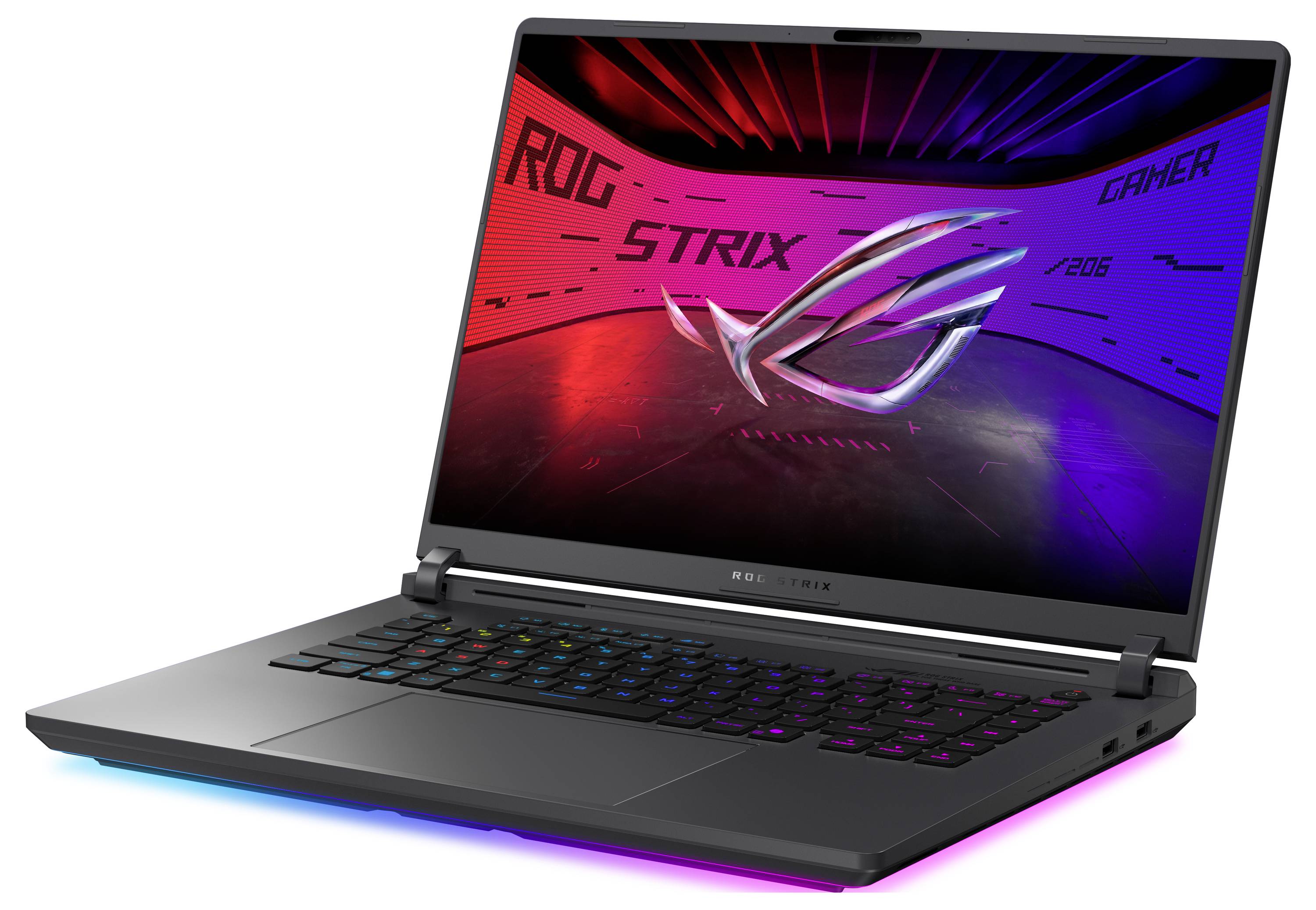 Offener Gaming-Laptop mit RGB-Tastatur, auf dem ROG STRIX und GAMER auf einem rot-zu-blau Bildschirm angezeigt werden.