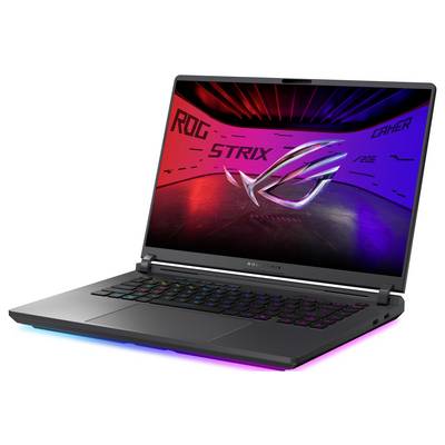 Offener Gaming-Laptop mit RGB-Tastatur, auf dem ROG STRIX und GAMER auf einem rot-zu-blau Bildschirm angezeigt werden.