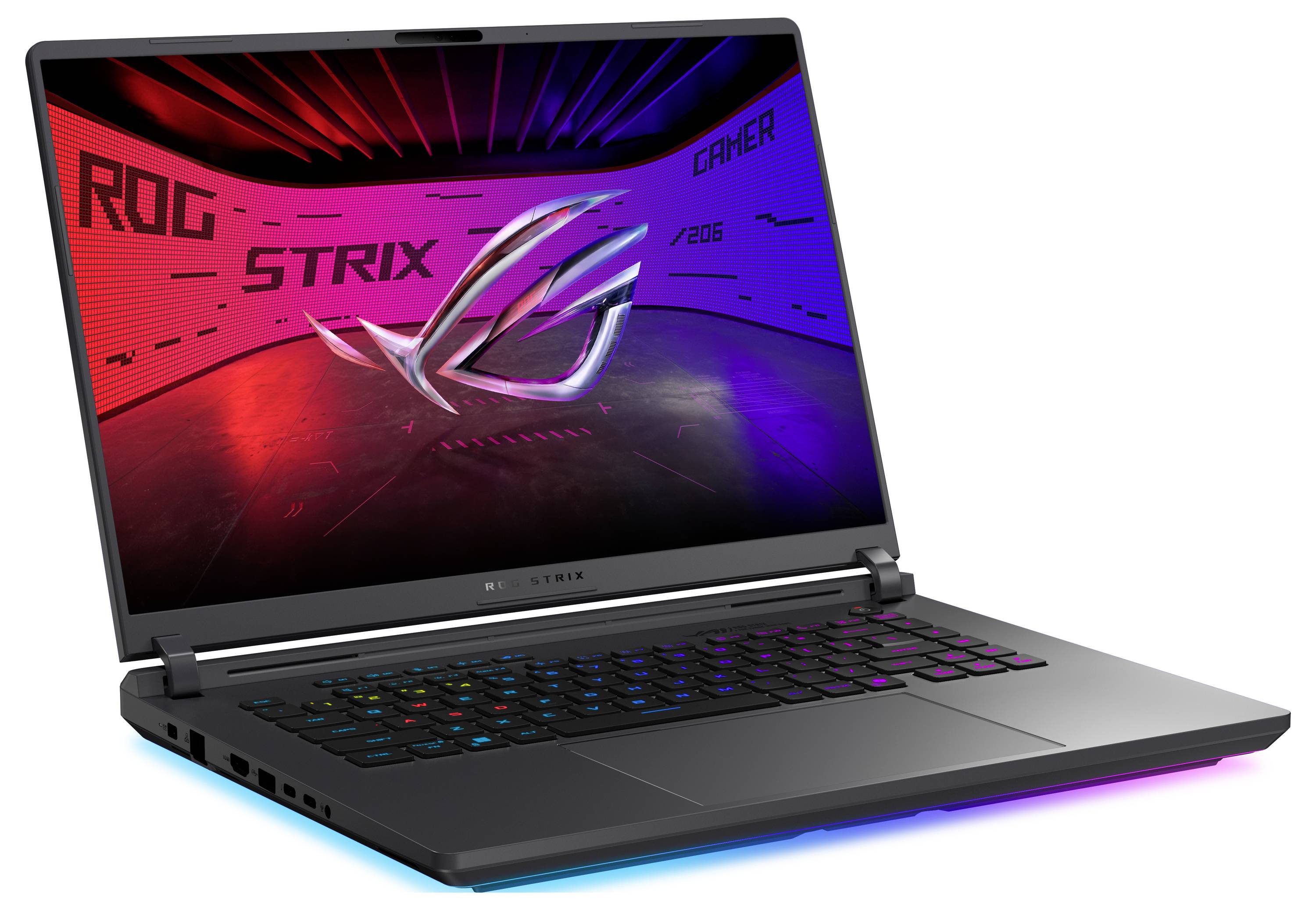Gaming-Laptop mit RGB-Tastatur und Bildschirm mit ROG STRIX und ASUS ROG Logo auf einem rot-zu-blau Farbverlauf Hintergrund.