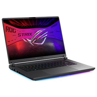 Gaming-Laptop mit RGB-Tastatur und Bildschirm mit ROG STRIX und ASUS ROG Logo auf einem rot-zu-blau Farbverlauf Hintergrund.