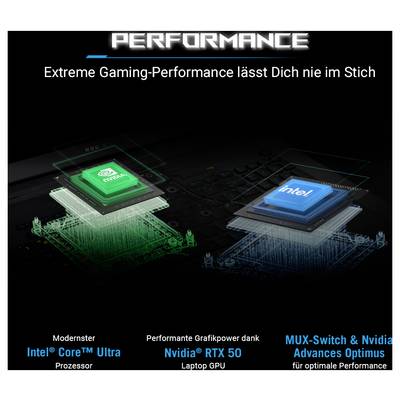 Werbegrafik vergleicht Intel Core Ultra Prozessor und Nvidia RTX 50 Laptop-GPU unter "LEISTUNG", wobei MUX-Switch und Nvidia Optimus für bessere Gaming-Leistung hervorgehoben werden.