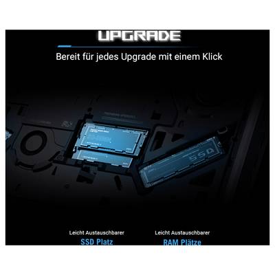 Dunkles Werbegrafik für 'UPGRADE' mit einfachen One-Click-Upgrades, mit beschrifteten 'SSD Platz' und 'RAM Plätze' und dem Text 'Bereit für jedes Upgrade mit einem Klick' und 'Leicht Austauschbar'.