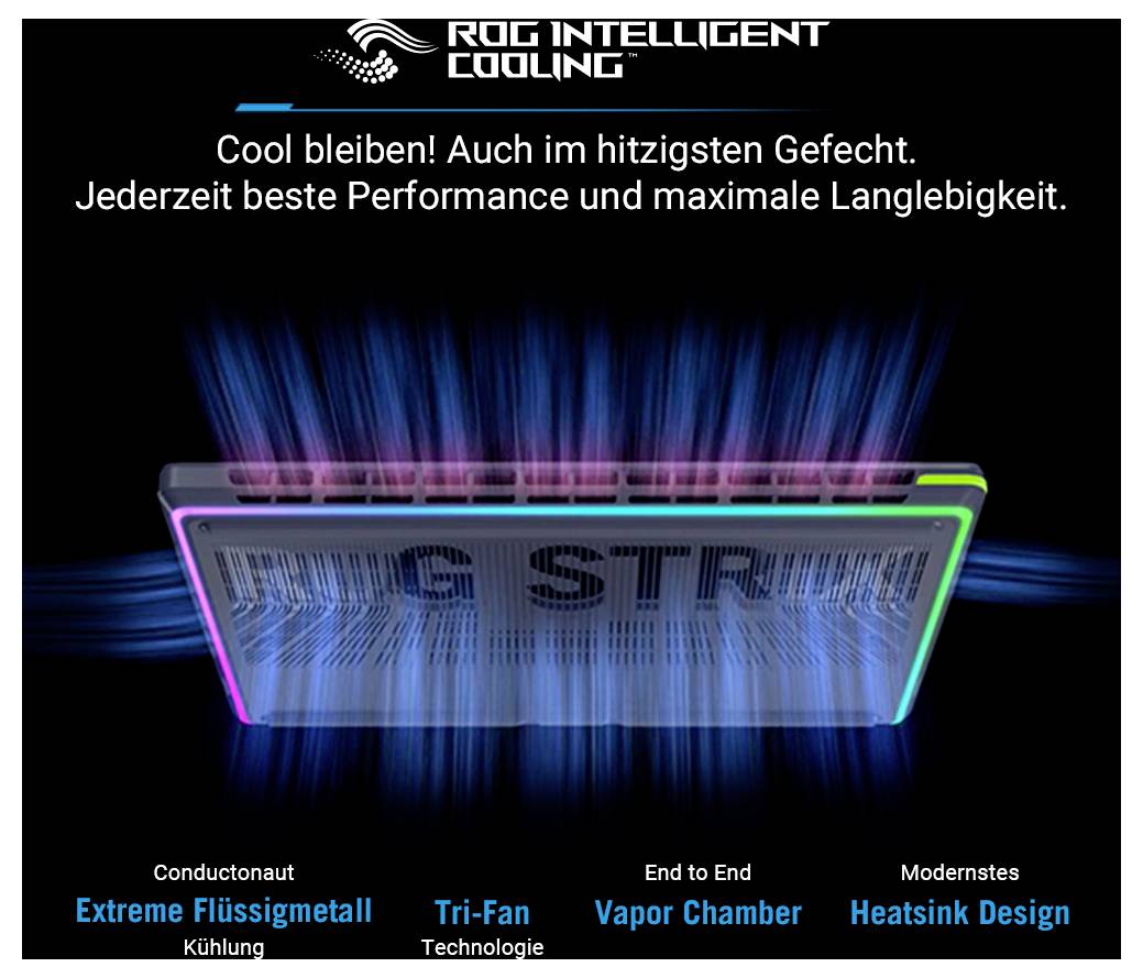 ROG Intelligentes Kühlsystem – Werbung zeigt ein Gaming-Laptop-Kühlsystem mit Luftstrom über das Chassis; deutscher Text besagt „Bleib cool" mit besserer Leistung und Haltbarkeit.