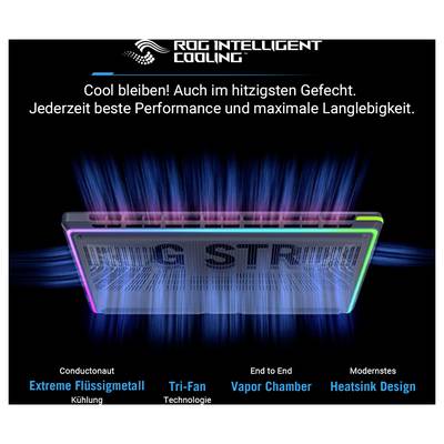 ROG Intelligentes Kühlsystem – Werbung zeigt ein Gaming-Laptop-Kühlsystem mit Luftstrom über das Chassis; deutscher Text besagt „Bleib cool" mit besserer Leistung und Haltbarkeit.
