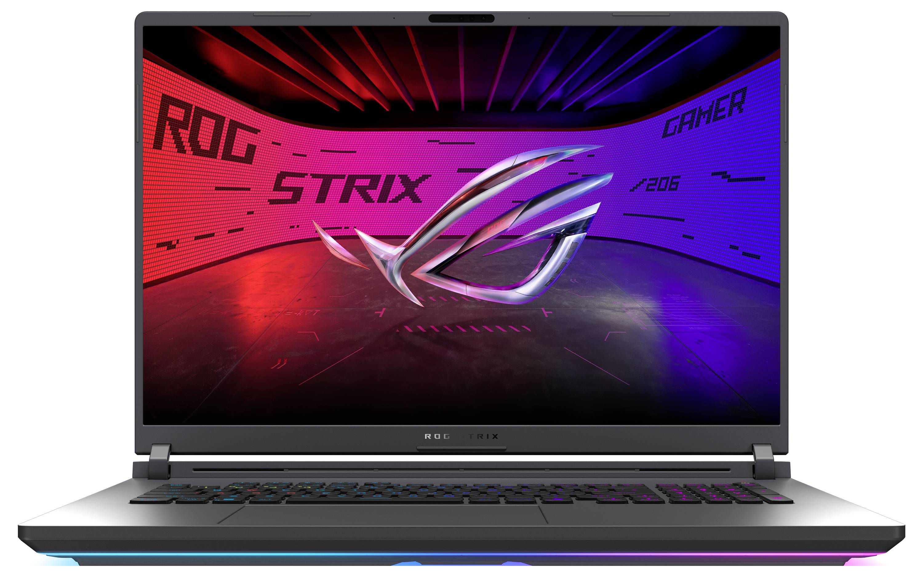 Gaming-Laptop mit RGB-Tastatur, der ein ROG Strix-Bildschirm anzeigt, und großes Republic of Gamers-Logo auf rotem bis blauem Farbverlaufshintergrund.