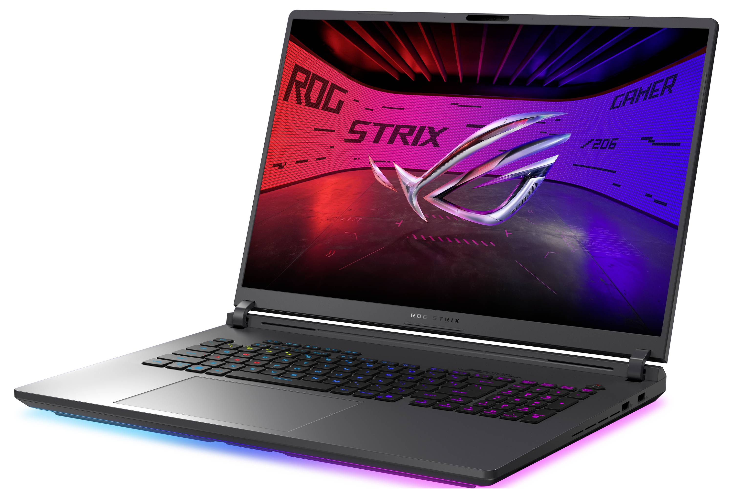 Gaming-Laptop mit RGB-Tastatur, auf dem Display ROG Strix und Gamer-Grafiken angezeigt werden.