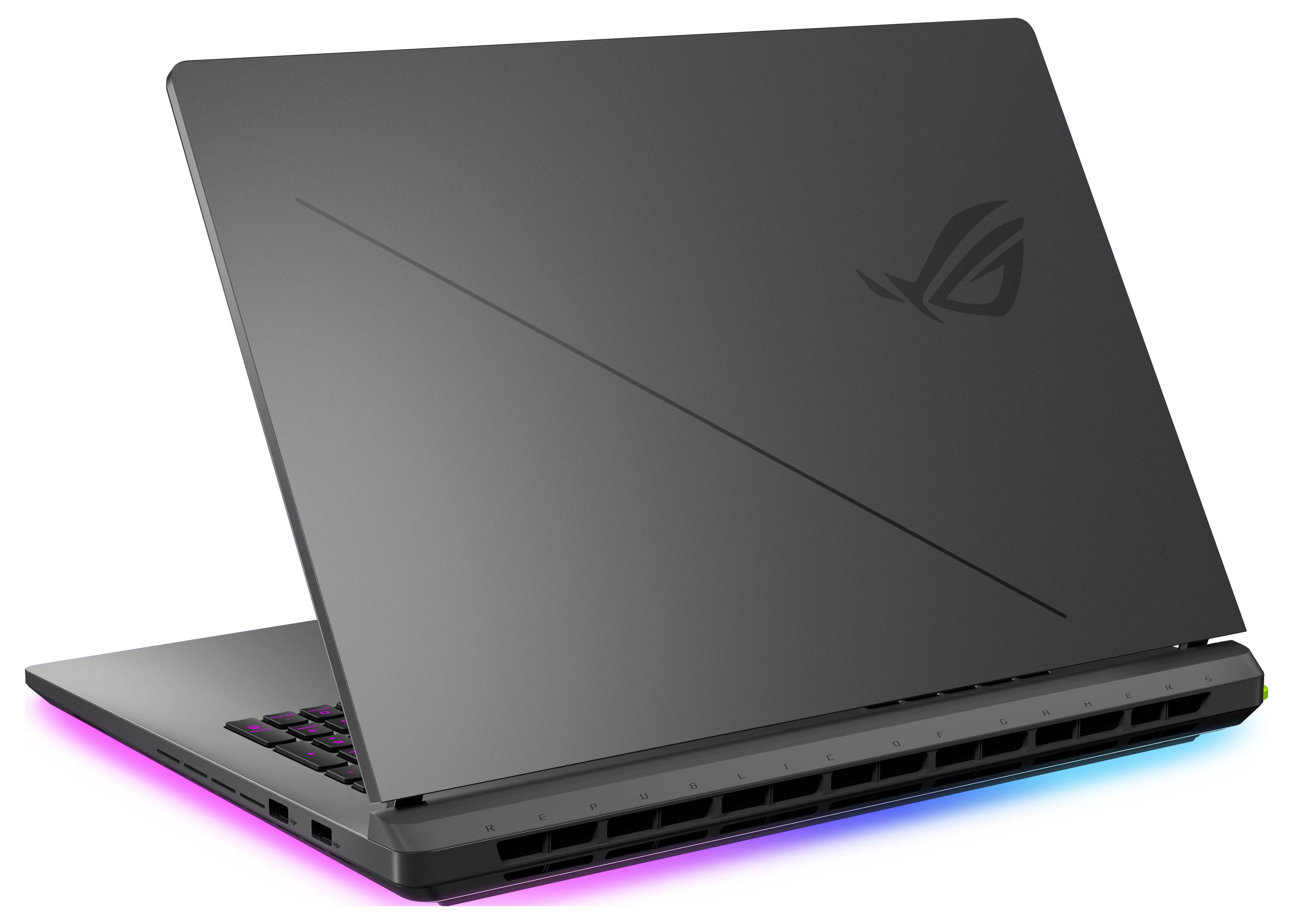 Geschlossener dunkelgrauer ASUS ROG Gaming-Laptop von hinten gezeigt, mit RGB-Lichtschimmer unter der Basis.