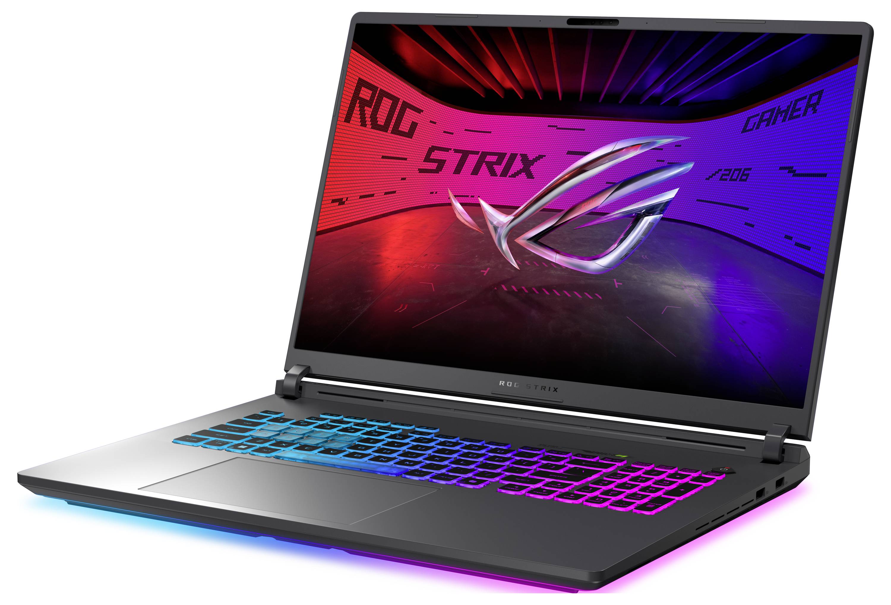 ASUS ROG Strix Gaming-Laptop von der Seite geöffnet, mit RGB-Tastatur und rot-blauem ROG-Logo-Hintergrundbild auf dem Bildschirm.