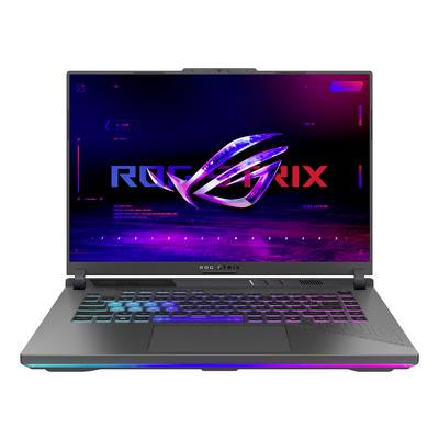 Gaming-Laptop mit ROG Strix-Logo auf einem Neon-blau und rosa Display, mit RGB-beleuchteter Tastatur und schlankem grauem Gehäuse.