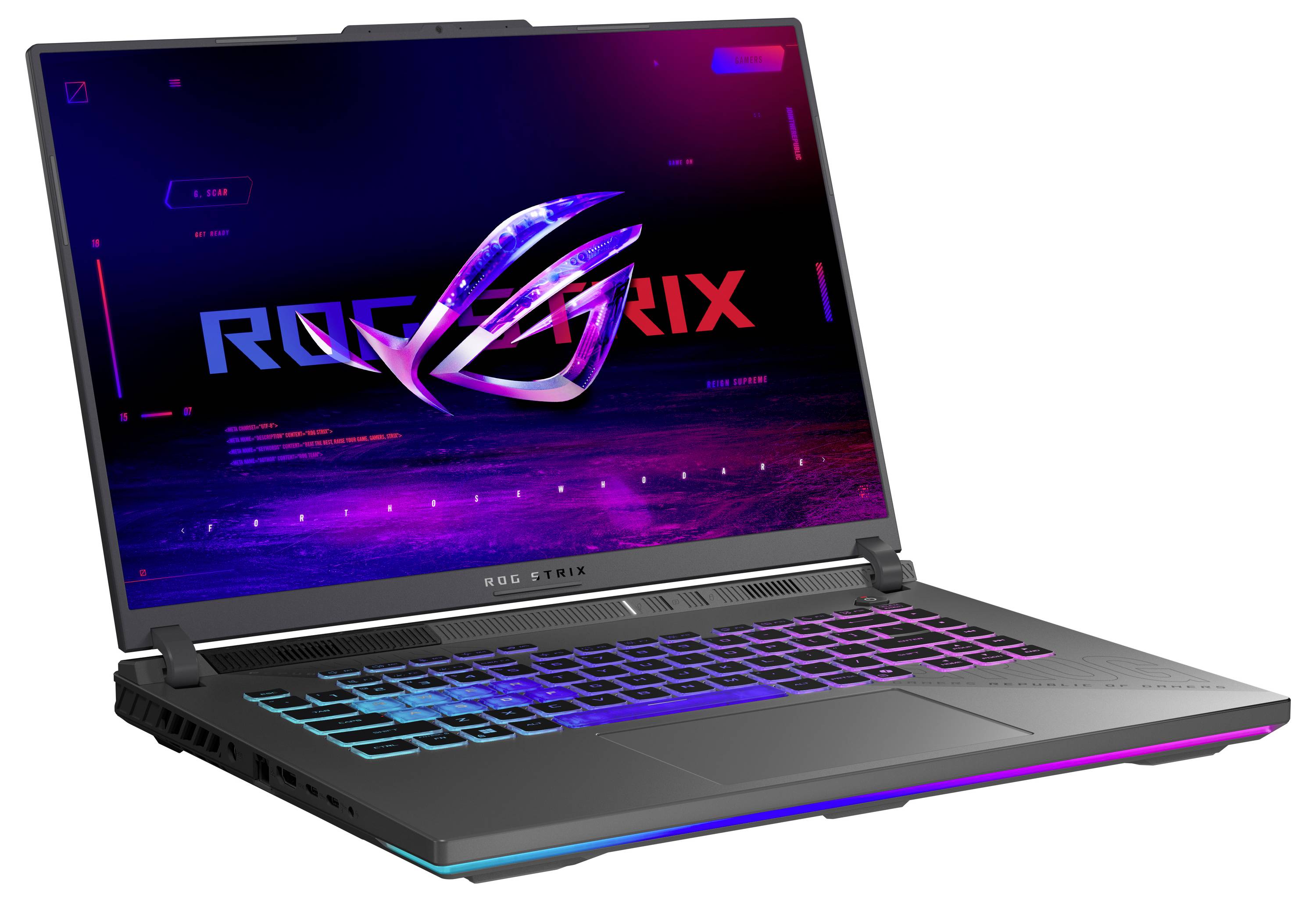 Ein Gaming-Laptop, der in einem Winkel aufgeklappt ist und eine leuchtende ROG-Logo-Tapete sowie eine RGB-beleuchtete Tastatur zeigt.