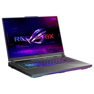 Ein Gaming-Laptop, der in einem Winkel aufgeklappt ist und eine leuchtende ROG-Logo-Tapete sowie eine RGB-beleuchtete Tastatur zeigt.