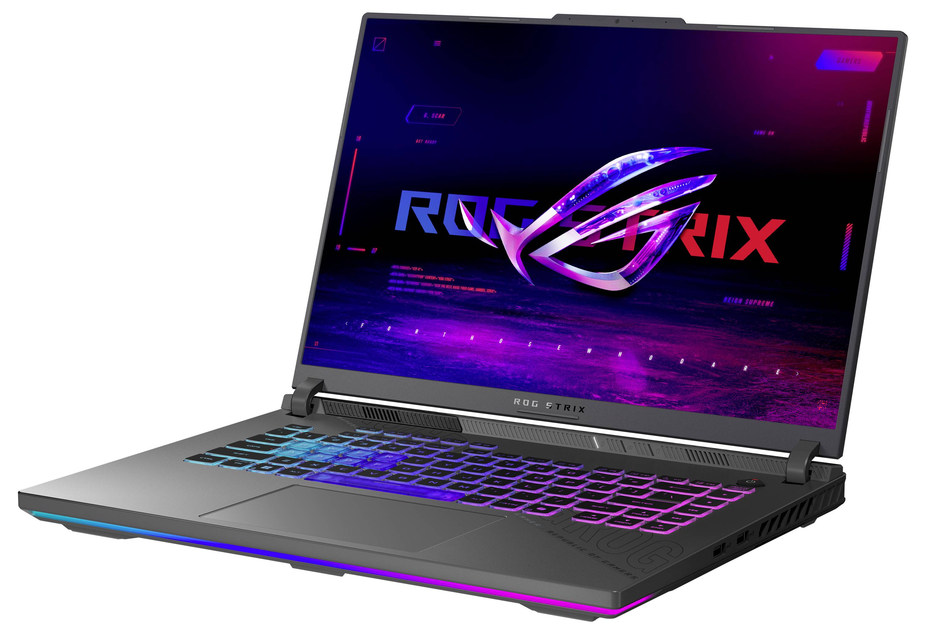 Offenes Gaming-Laptop mit beleuchtetem RGB-Keyboard und ROG-Logo auf dem Bildschirm.