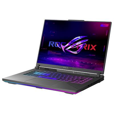 Offenes Gaming-Laptop mit beleuchtetem RGB-Keyboard und ROG-Logo auf dem Bildschirm.