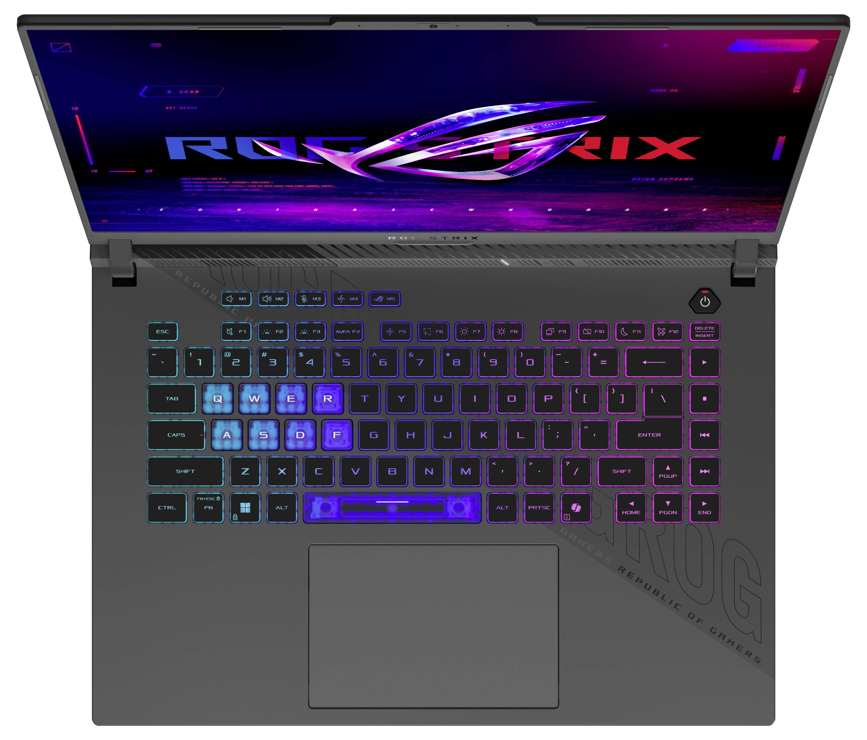 Draufsicht auf einen ASUS ROG Gaming-Laptop mit beleuchter RGB-Tastatur und großem Touchpad, auf dem Bildschirm das ROG-Logo angezeigt.