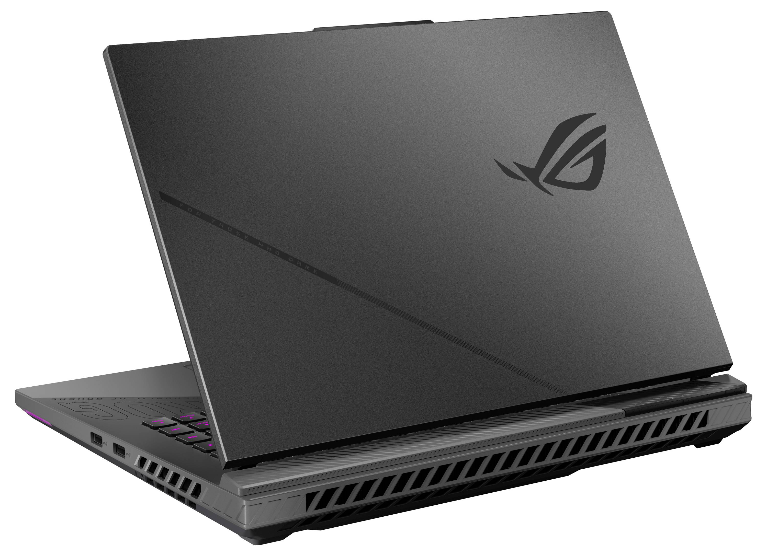 Geschlossener schwarzer ASUS ROG Gaming-Laptop in Seitenansicht, mit beleuchteten Tastaturakzenten und ROG-Logo auf dem Deckel.