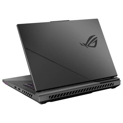 Geschlossener schwarzer ASUS ROG Gaming-Laptop in Seitenansicht, mit beleuchteten Tastaturakzenten und ROG-Logo auf dem Deckel.