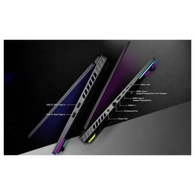 Explodierte Seitenansicht eines dünnen Laptops mit Portbezeichnungen: Audiobuchse, USB4 Type-C, USB 3.2 Gen 2 Type-A, HDMI 2.1, 1G Ethernet und Stromanschluss.