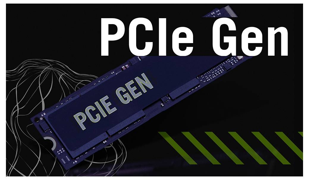 Eine blaue PCIe-Gen-Erweiterungskarte, diagonal auf dunklem Hintergrund dargestellt, mit großem Text „PCIe Gen" und grünen Akzentstreifen.