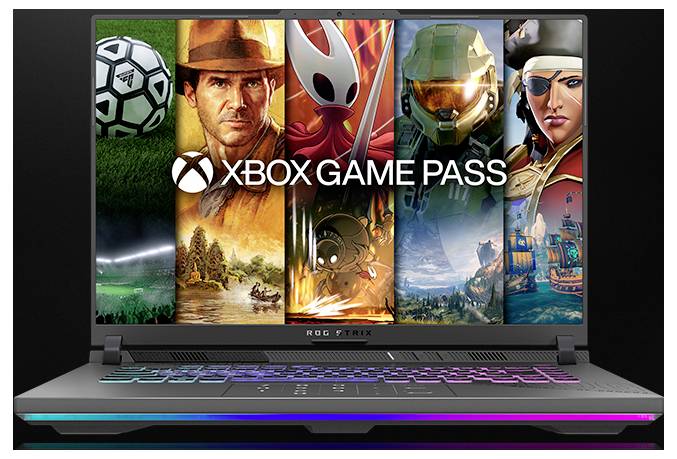 Gaming-Laptop, auf dem das Xbox Game Pass-Logo über Spielcharakter- und Landschaftskunstwerk angezeigt wird, mit einer farbig beleuchteten Tastatur.