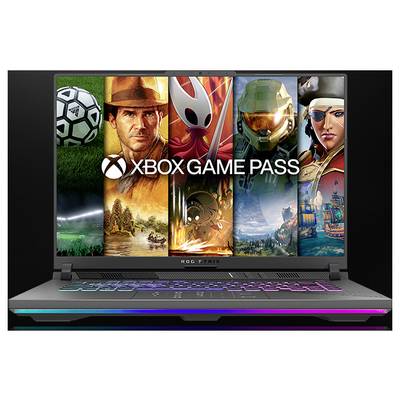 Gaming-Laptop, auf dem das Xbox Game Pass-Logo über Spielcharakter- und Landschaftskunstwerk angezeigt wird, mit einer farbig beleuchteten Tastatur.