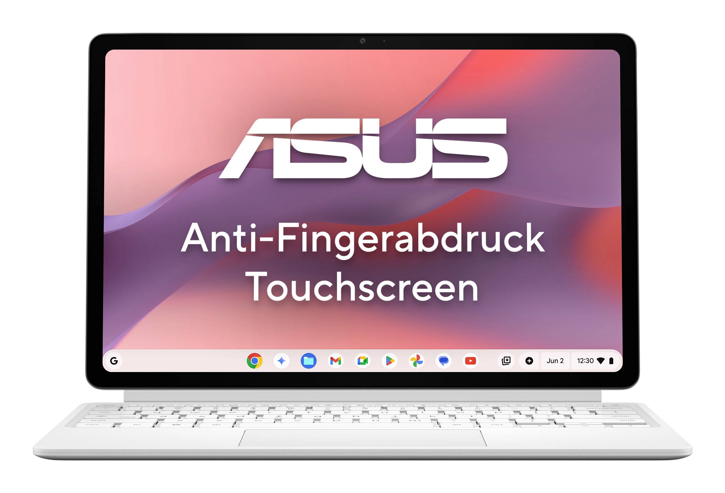 ASUS-Laptop mit einem antihaftbeschichteten Touchscreen, aufgeklappt mit weißer Tastatur und rosa-violettem Display