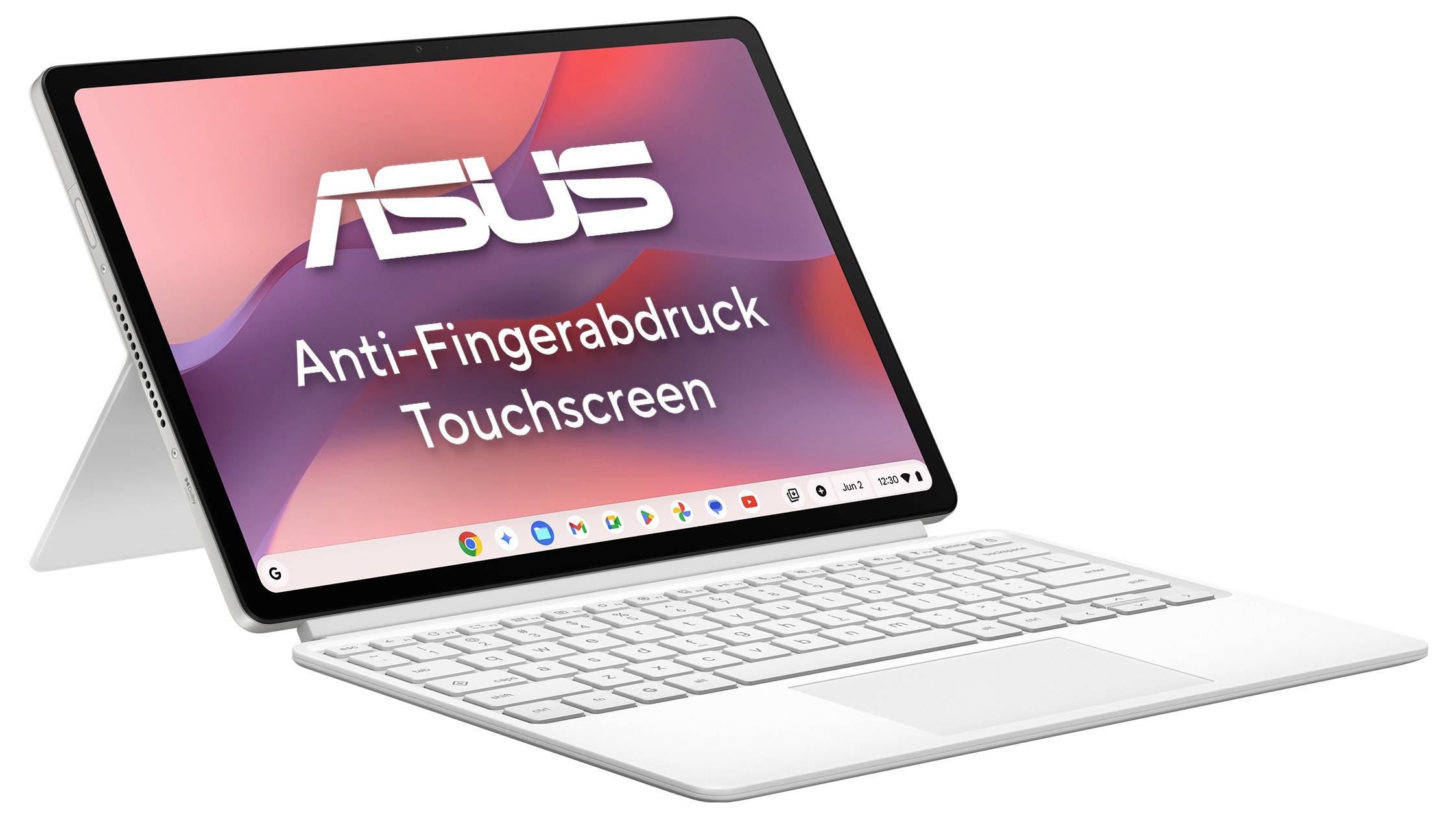 ASUS Touchscreen-Laptop im Zeltmodus mit weißer Tastatur und Display mit der Aufschrift „Anti-Fingerabdruck Touchscreen".