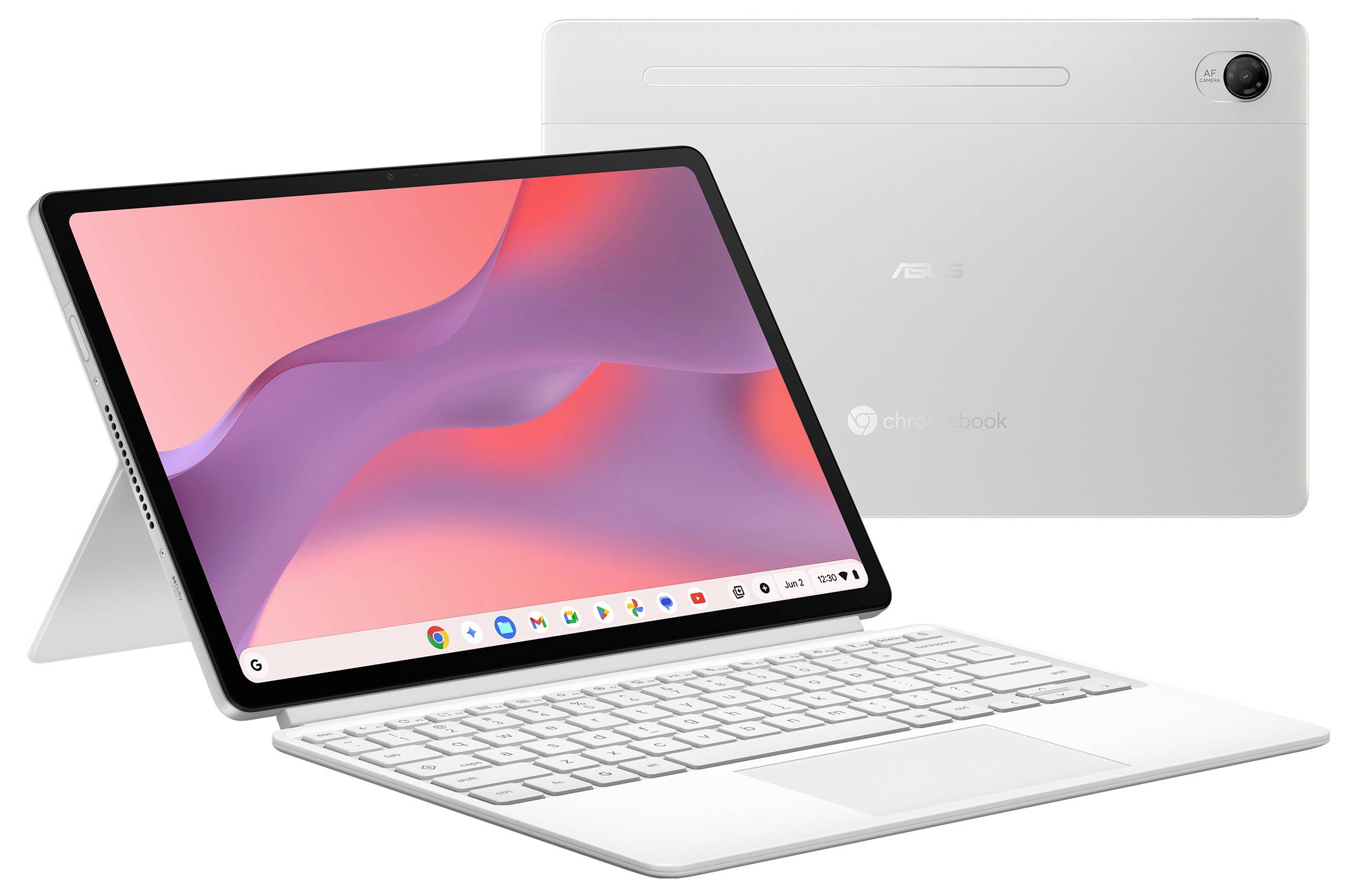 Weißes ASUS-Tablet von vorne und hinten mit abnehmbarer Tastatur und Ständer, das einen rosa-violetten abstrakten Bildschirm anzeigt.