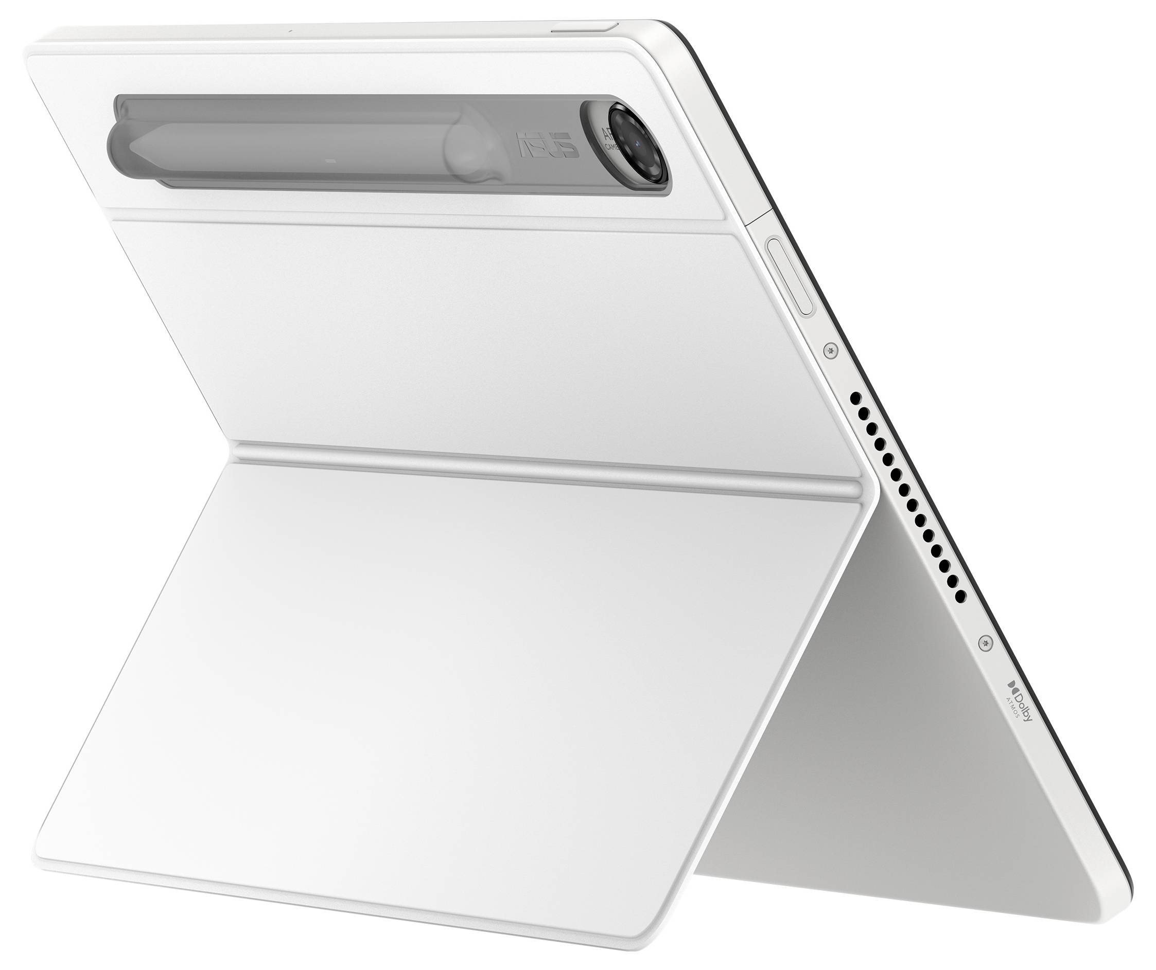 Weißes Tablet mit klappbarem Schutzcover-Ständer, in Seitenansicht dargestellt, mit sichtbarer hinterer Kameraöffnung und Lautsprecherschlitzen.