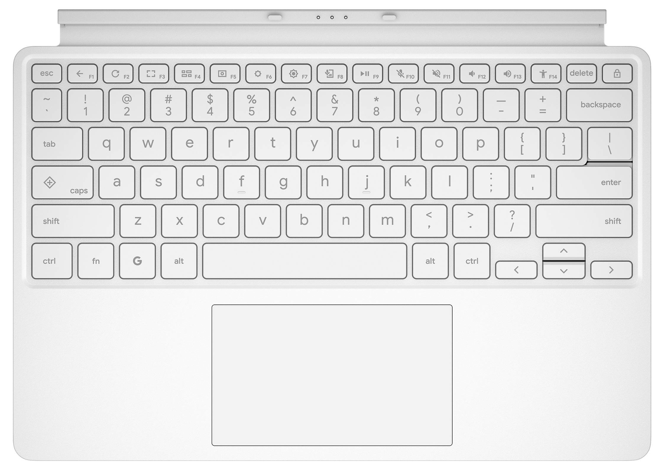 Draufsicht auf eine weiße Laptop-Tastatur mit einem großen zentrierten Trackpad.
