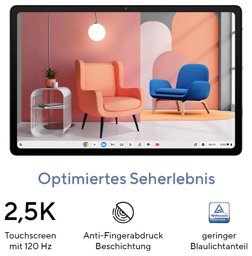 Tablet-Werbedisplay mit farbenfrohen Stühlen und deutschem Text zur Förderung optimierter Betrachtung, 2,5K-Touchscreen mit 120 Hz, Antifinger-Beschichtung und blaulichtschwacher Technologie.