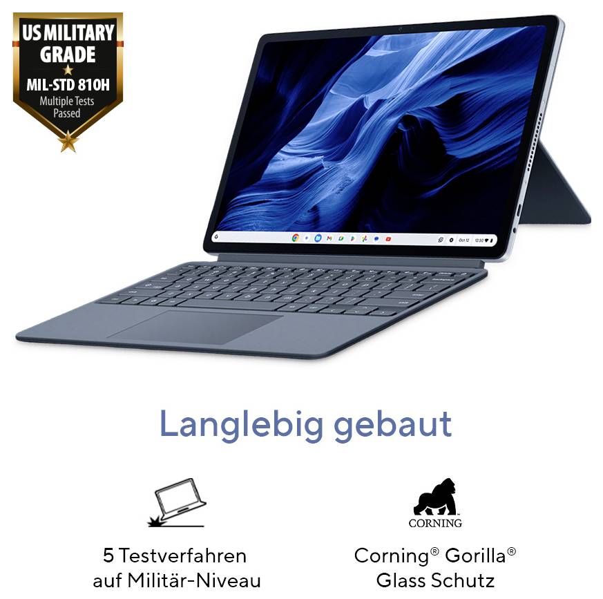 Laptop-Tablet mit Tastatur und Militärabzeichen; Text sagt „Langlebig gebaut", „5 Testverfahren auf Militär-Niveau" und „Corning Gorilla Glass Schutz".