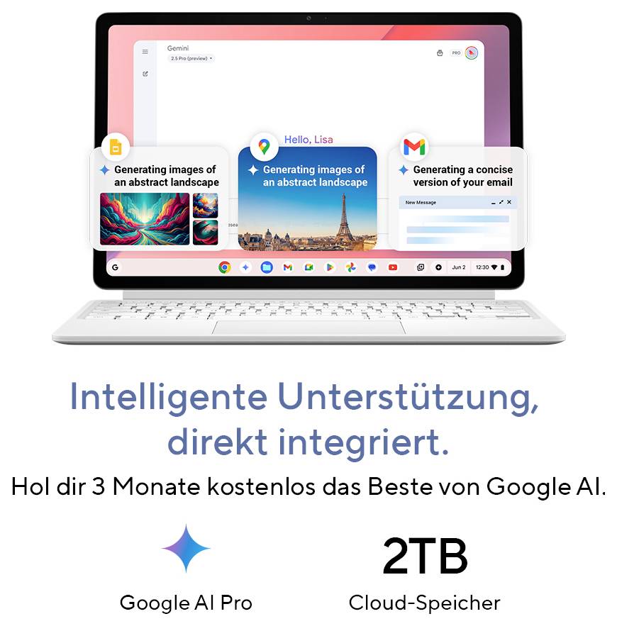 Google AI Pro Angebot mit einem Laptop, der Gemini und Google Apps zeigt, mit Hervorhebung von 3 Monaten kostenlos, integrierter KI-Unterstützung und 2TB Cloud-Speicher.
