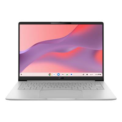 Vorderansicht eines silbernen, aufgeklappten ASUS-Laptops mit rosa-violettem abstraktem Desktophintergrund.