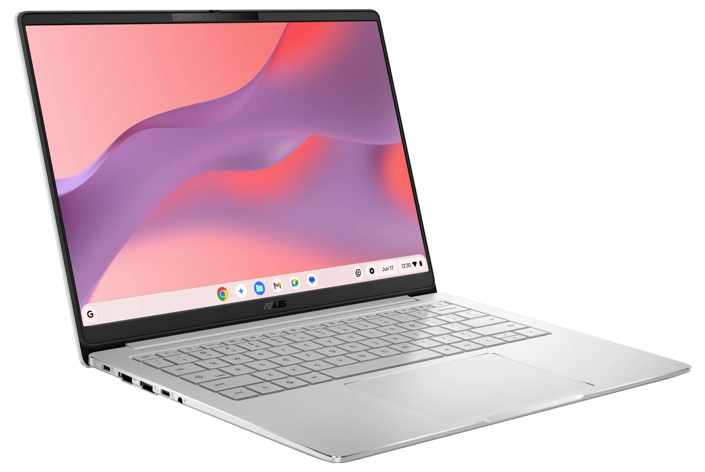 Silberner Laptop, aufgeklappt auf weißem Hintergrund, zeigt eine rosa und lila abstrakte Tapete mit sichtbarer unterer Taskleiste.