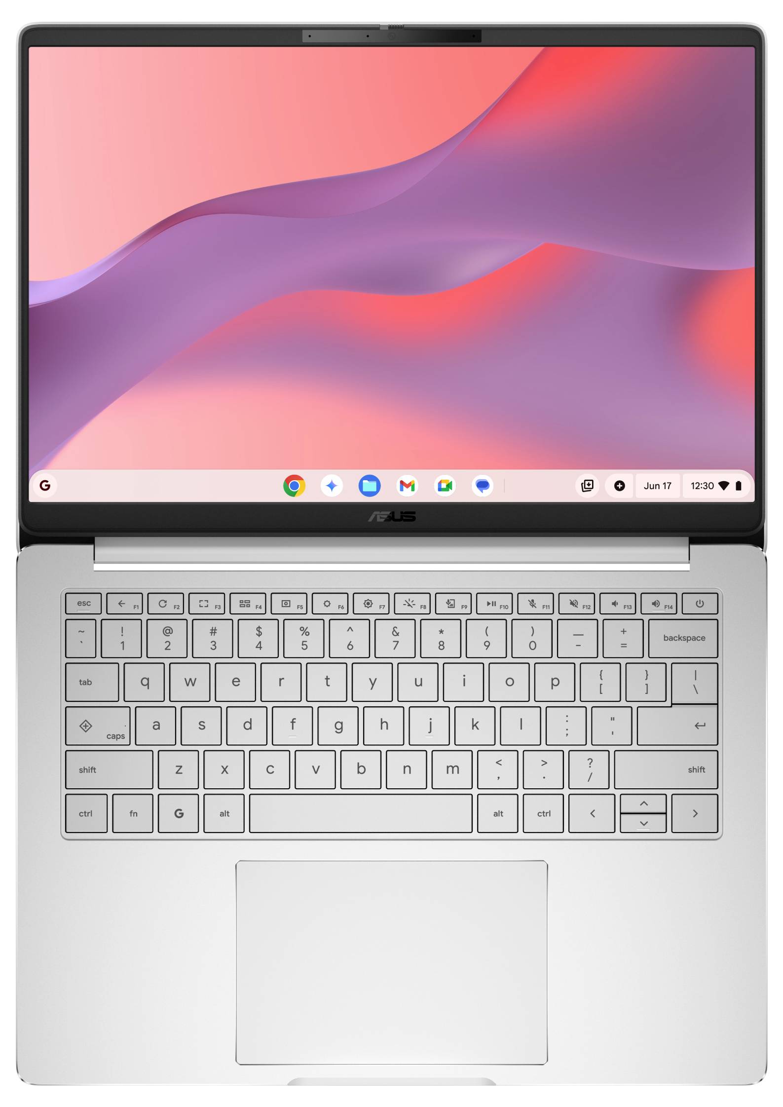 Laptop mit rosa-lila abstraktem Hintergrundbild auf dem Bildschirm und sichtbarem Chrome OS-Regal, mit Tastatur und großem Touchpad darunter.
