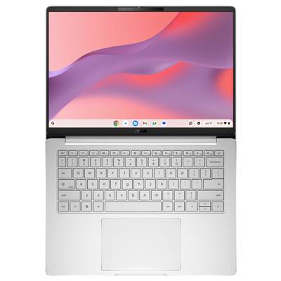 Laptop mit rosa-lila abstraktem Hintergrundbild auf dem Bildschirm und sichtbarem Chrome OS-Regal, mit Tastatur und großem Touchpad darunter.