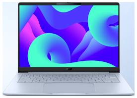 Offener Laptop mit silbernem Gehäuse, auf dem Bildschirm eine farbenfrohe abstrakte Tapete.