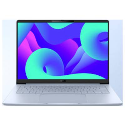 Offener Laptop mit silbernem Gehäuse, auf dem Bildschirm eine farbenfrohe abstrakte Tapete.