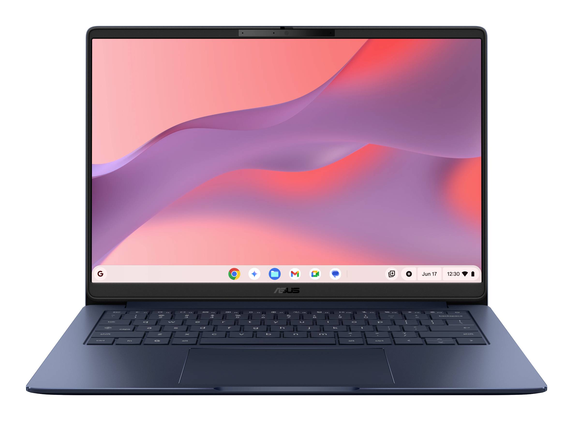Offener ASUS-Laptop mit rosa-violettem abstraktem Hintergrundbild und Chrome OS-Leiste am unteren Rand