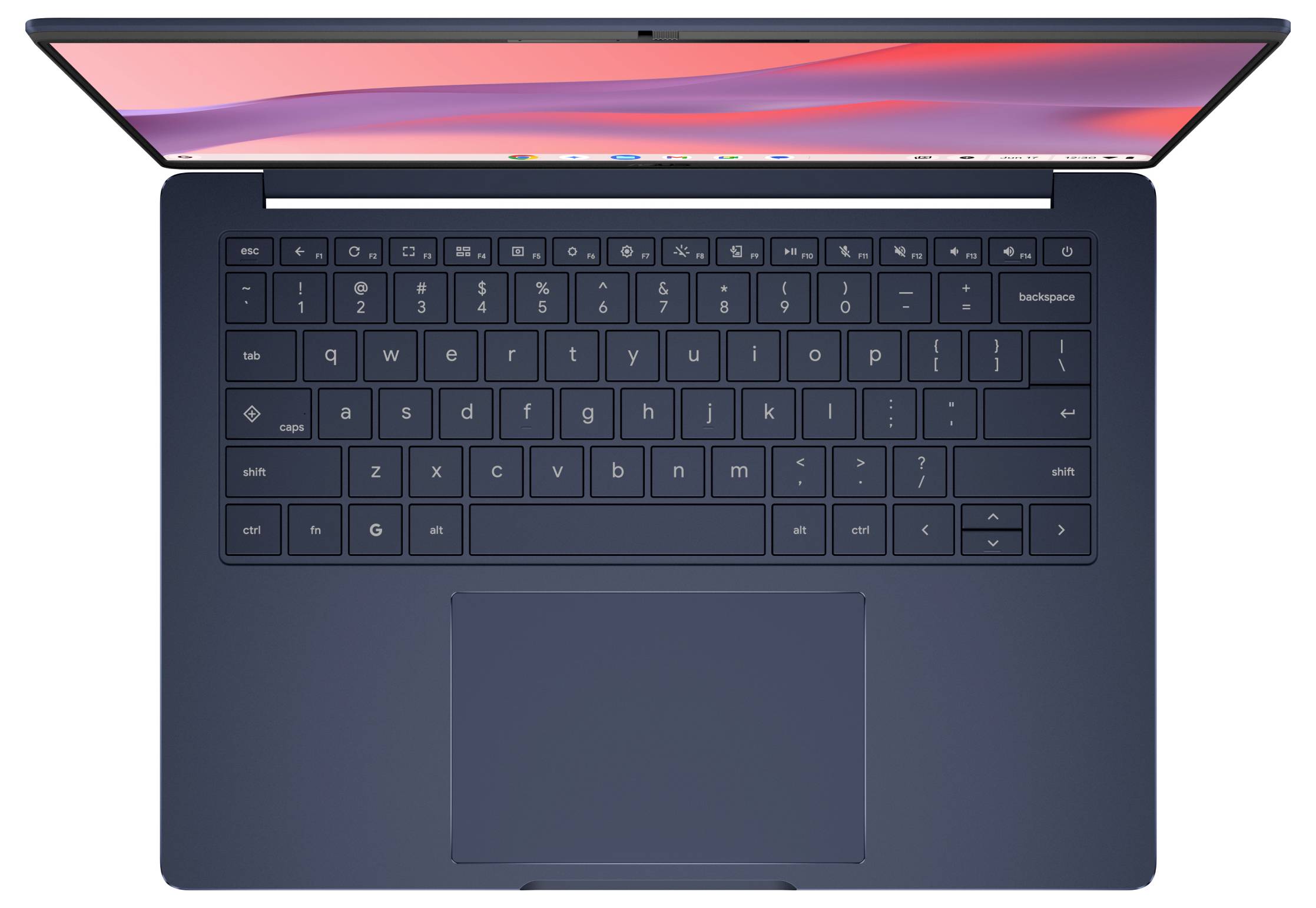 Laptop von oben betrachtet, zeigt Tastatur, großes Touchpad und einen Bildschirm mit einem rosa-violetten Gradient-Hintergrundbild.