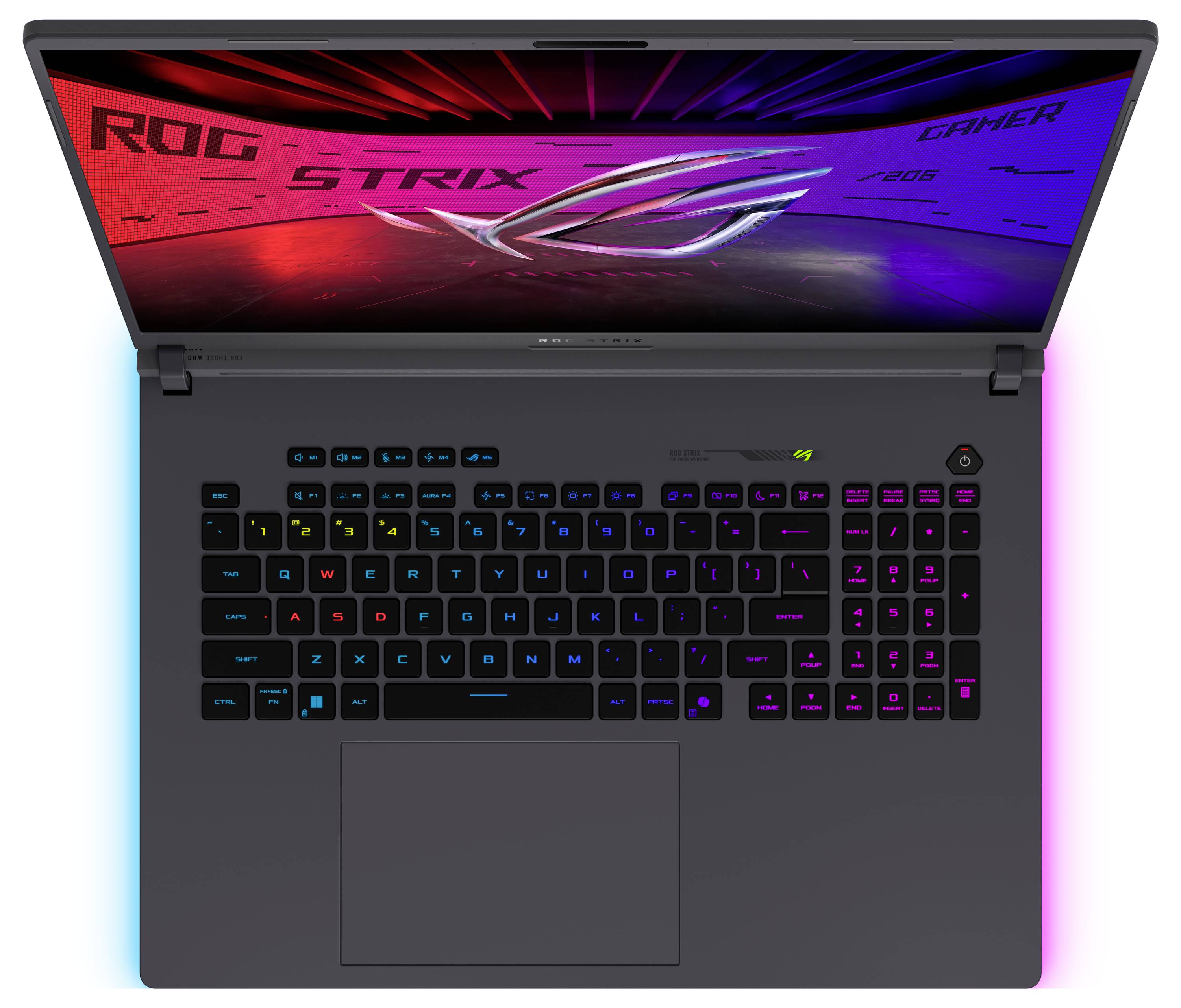 Draufsicht auf einen ASUS ROG Strix Gaming-Laptop mit RGB-beleuchtet Tastatur und großem Touchpad, das auf dem Bildschirm ein rot-blaues Gaming-Wallpaper zeigt.